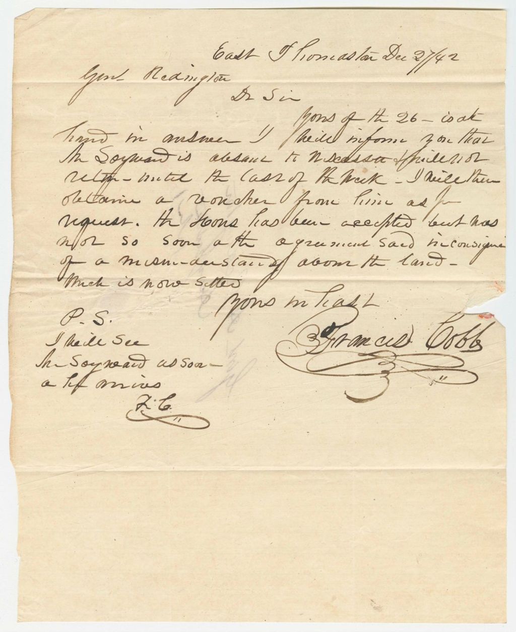 Miniature of Receipts from the 1842 Account of A. Redington, Acting Quarter Master General, for the Gunhouse in Thomaston