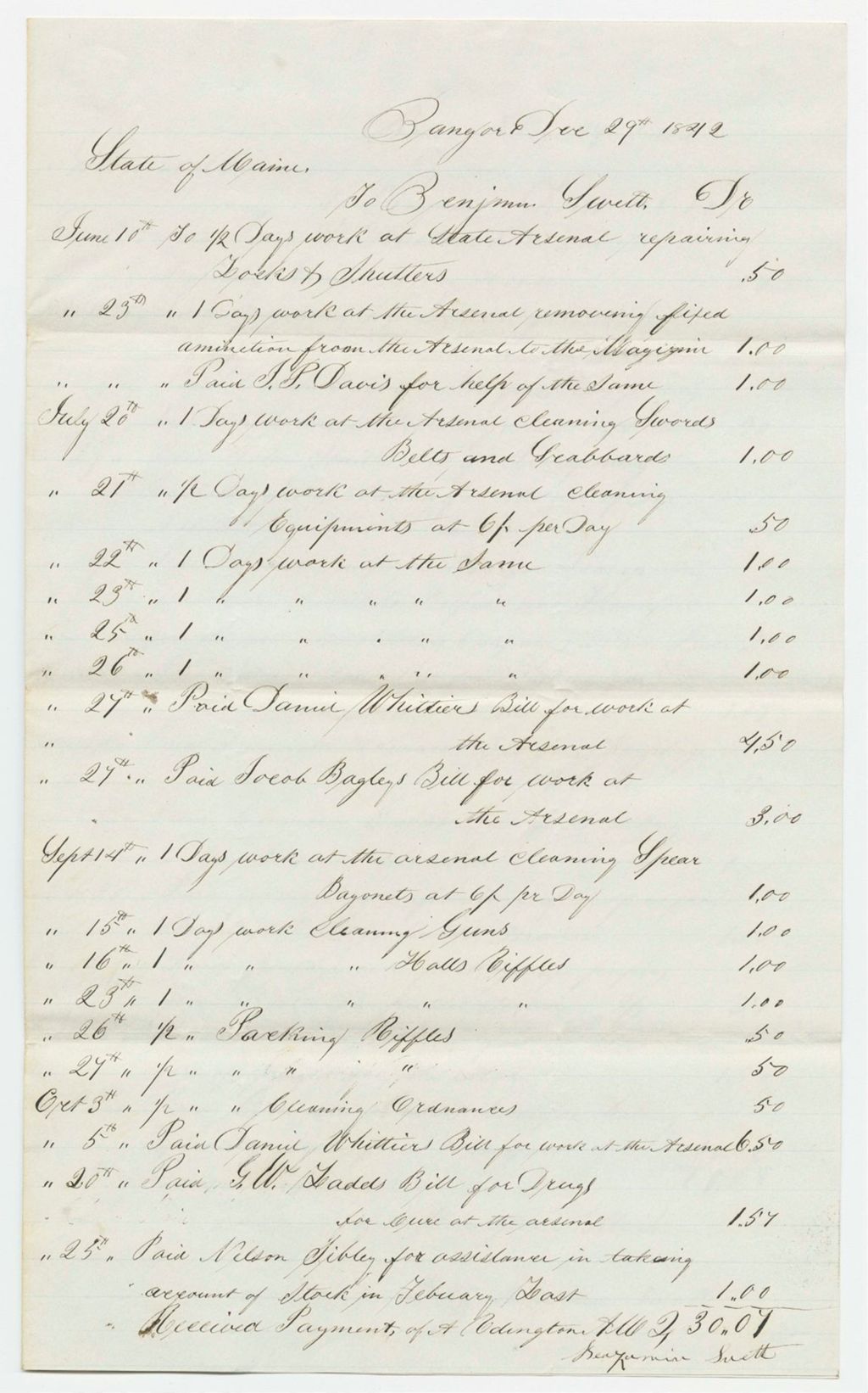 Miniature of Receipts from the 1842 Account of A. Redington, Acting Quarter Master General, for Transportation