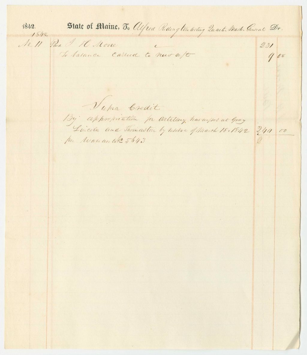 Miniature of 1842 Account and Receipt of A. Redington, Acting Quarter Master General, for Artillery Harnesses
