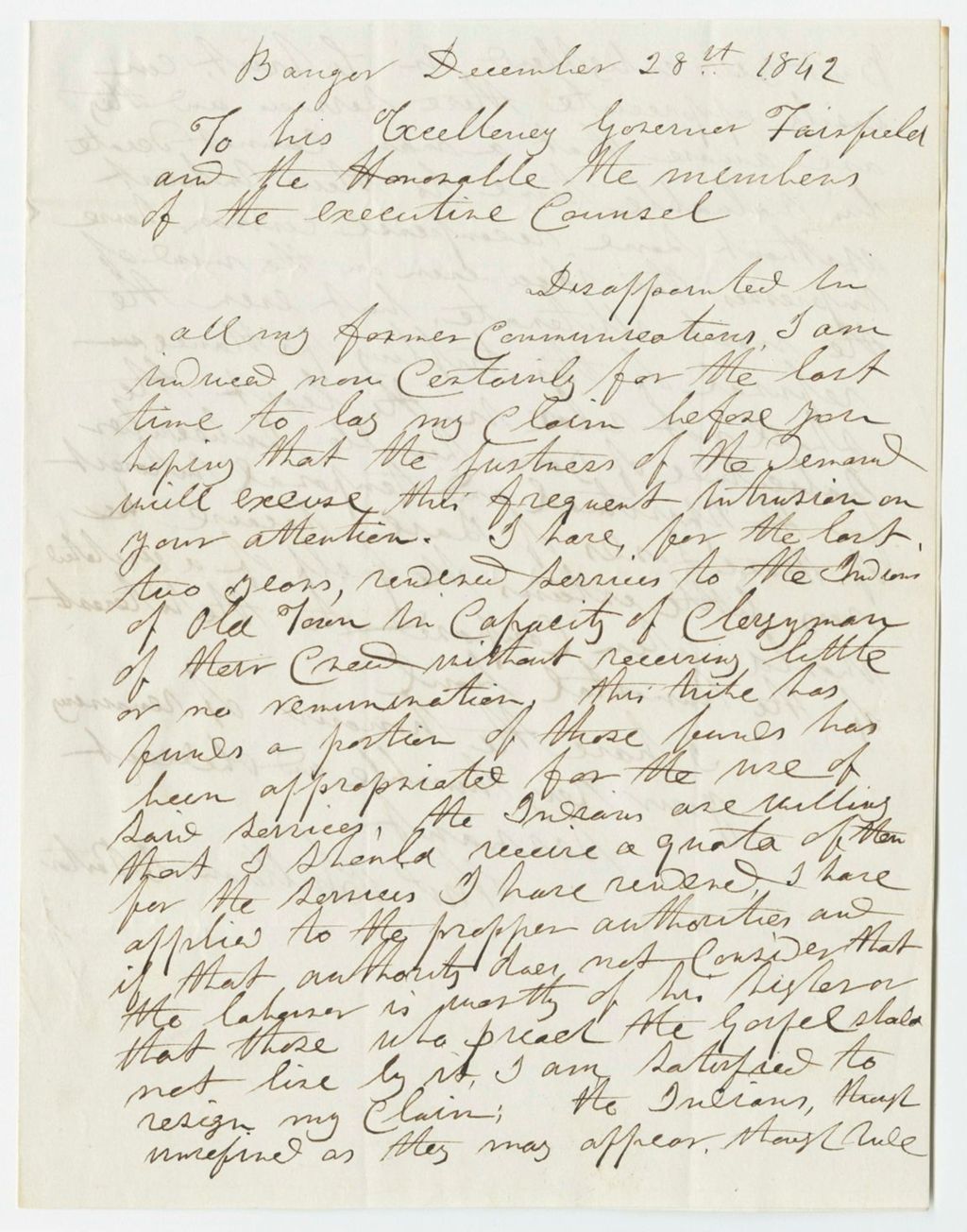 Miniature of Communication of Reverend Thomas D. Sullivan, relating to compensation for his services as Priest to the Penobscot Tribe