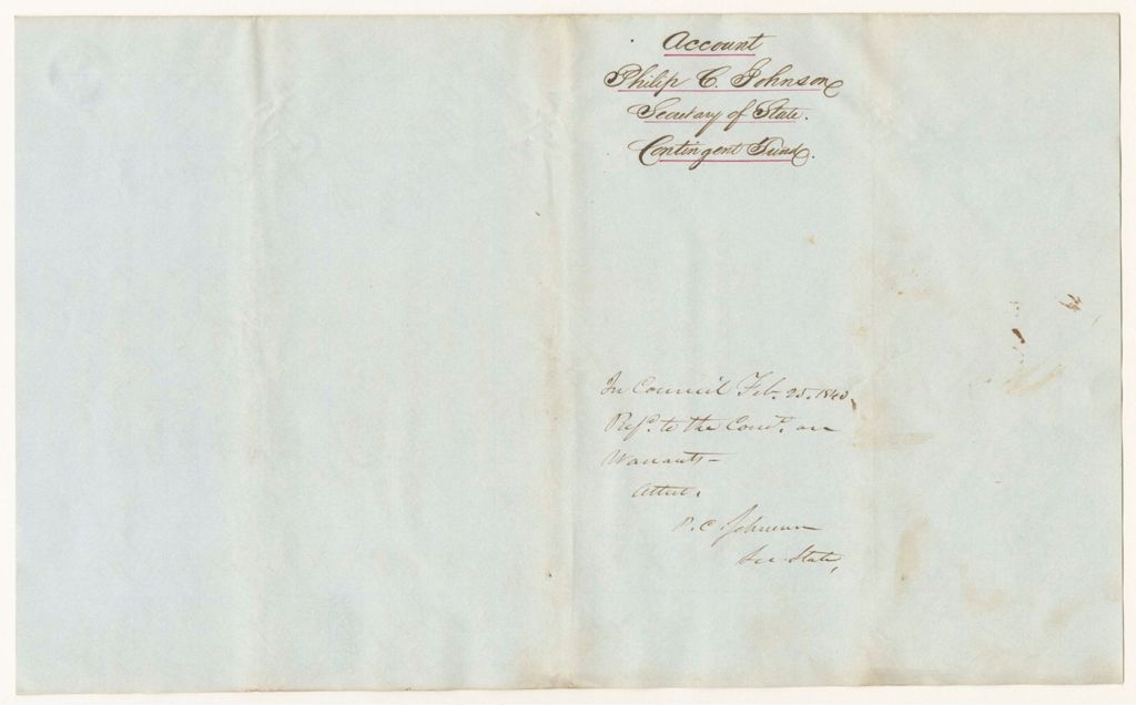 Miniature of Account of Philip C. Johnson, for Contingent Expenses as Secretary of State