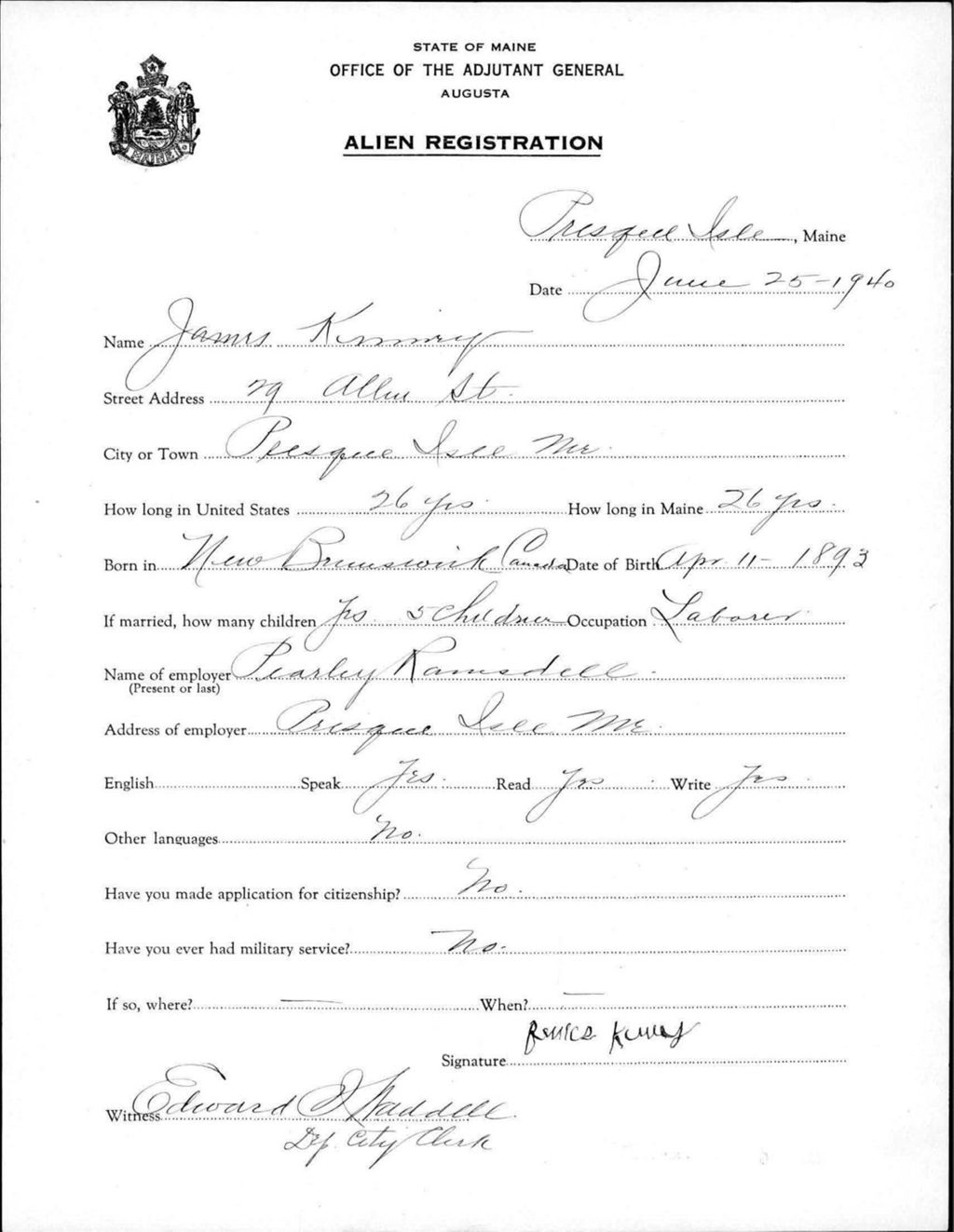Miniature of Alien Registration- Kinney, James (Presque Isle, Aroostook County)