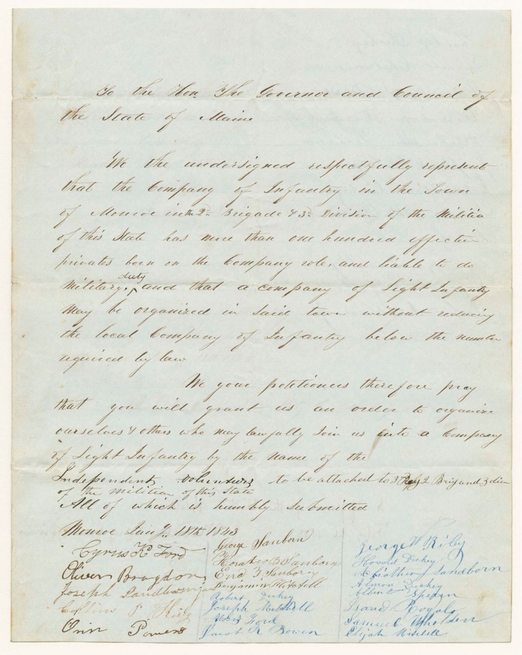 Miniature of Petition of Cyrus K. Ford and Others of Monroe, for the Organization of a Light Infantry within the 3rd Regiment, 2nd Brigade, 3rd Division