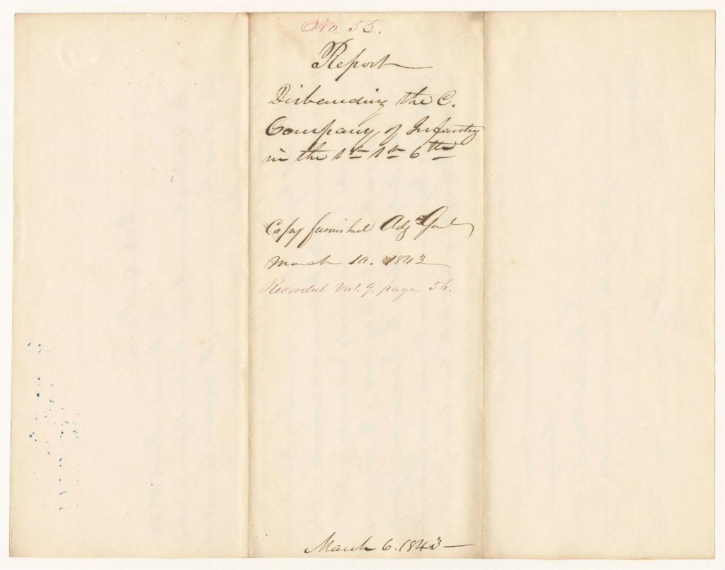 Miniature of Report 55: Report - Disbanding the "C" Company of the 1st Regiment, 1st Brigade, 6th Division of Infantry