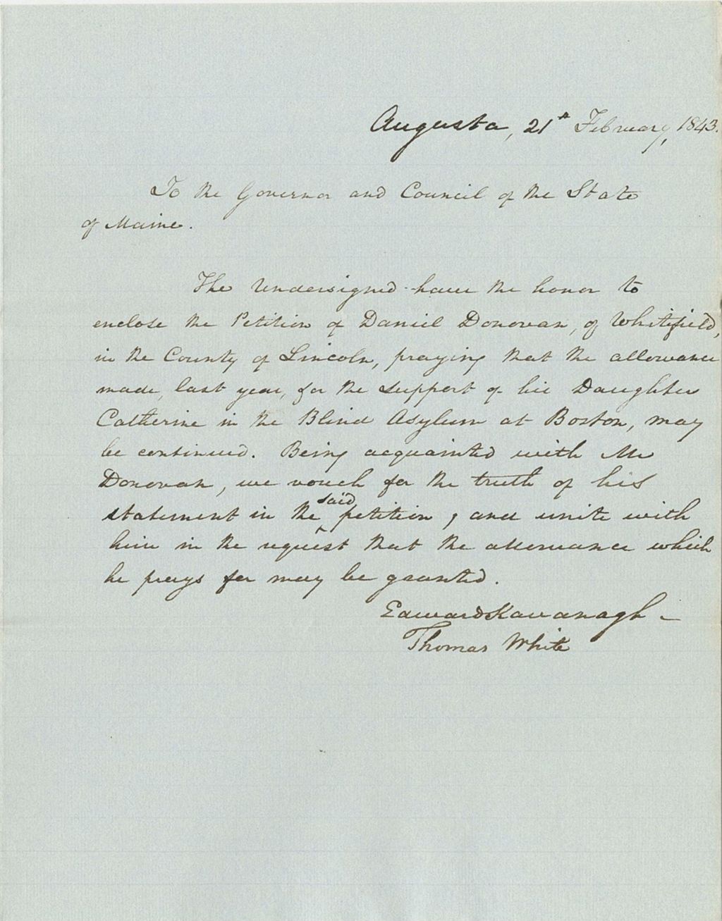 Miniature of Communication from Edward Kavanagh and Thomas White sending a petition for Daniel Donovan of Whitefield on behalf of his daughter