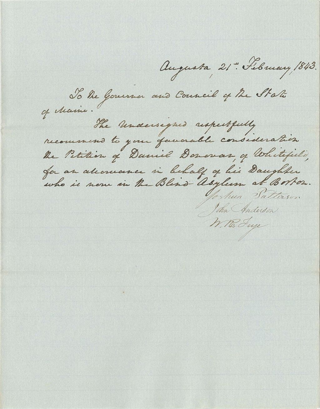 Miniature of Petition of Joshua Patterson and others requesting an allowance for Daniel Donovan on behalf of his daughter who resides in a Blind Asylum
