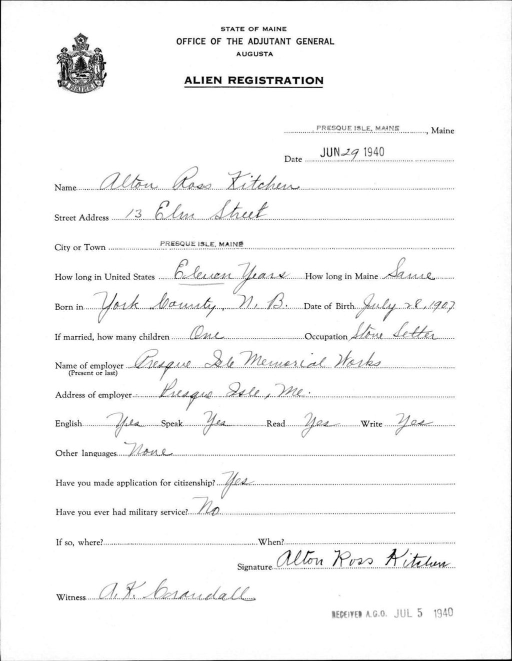 Miniature of Alien Registration- Kitchen, Alton R. (Presque Isle, Aroostook County)