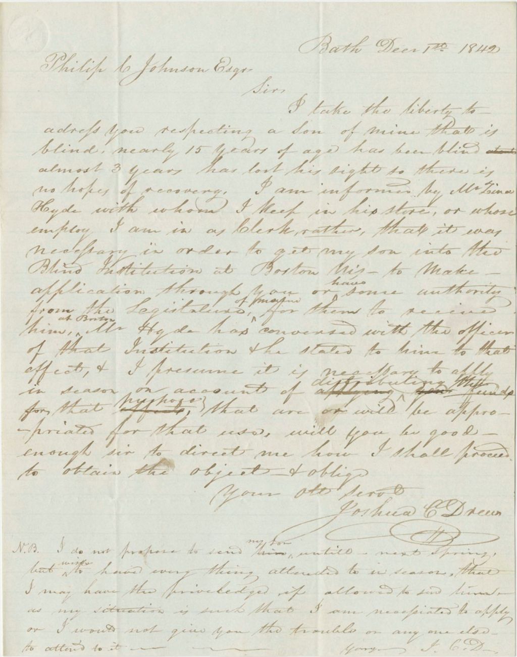 Miniature of Petition of Joshua C. Drew requesting admission for his blind son