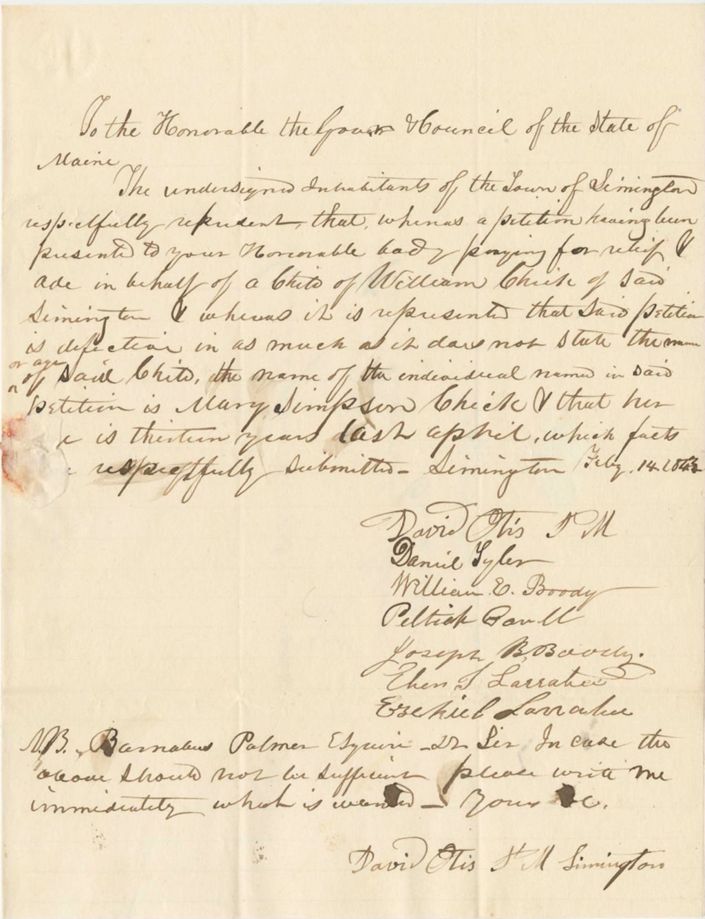 Miniature of Petition in favor of William Chick from the Town of Limington