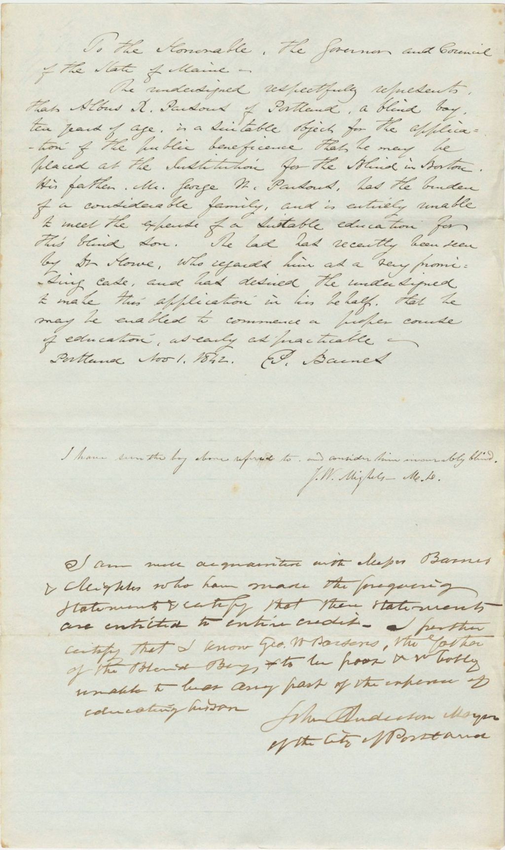 Miniature of Communication from P. Barnes and John Anderson requesting for Albus A. Parson's to be places in the Institution for the Blind