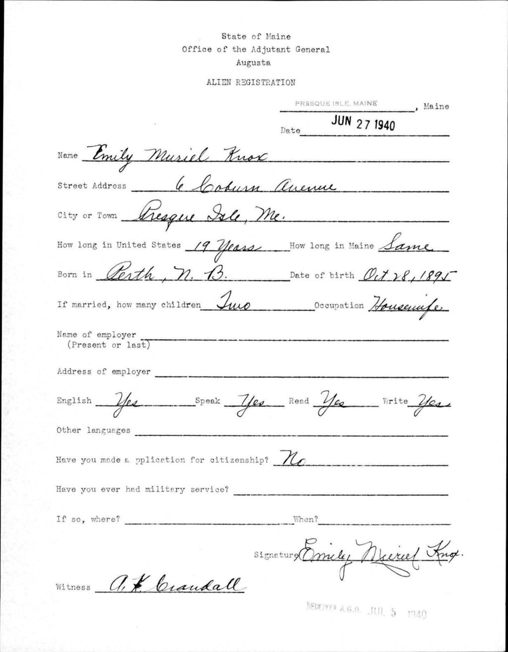 Miniature of Alien Registration- Knox, Emily M. (Presque Isle, Aroostook County)