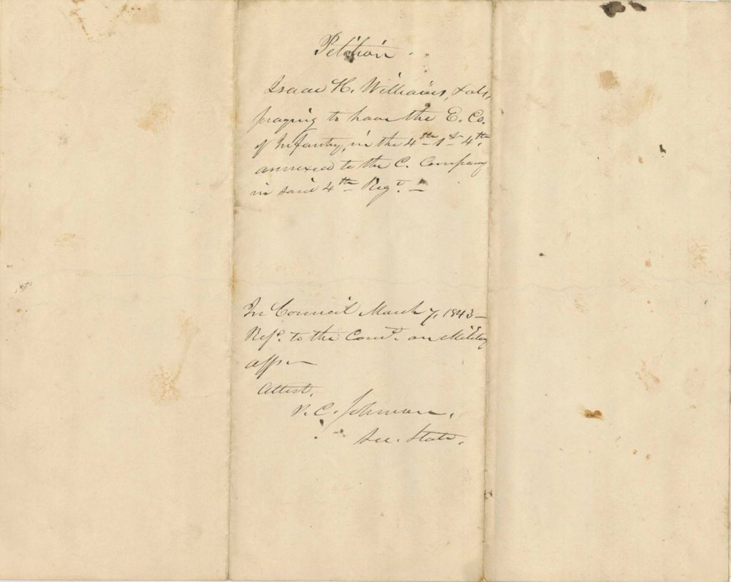 Miniature of Petition of Isaac H Williams to annex the E Company, 4th regular, 1st brigade, 4th division infantry to the C Company, 4th regular