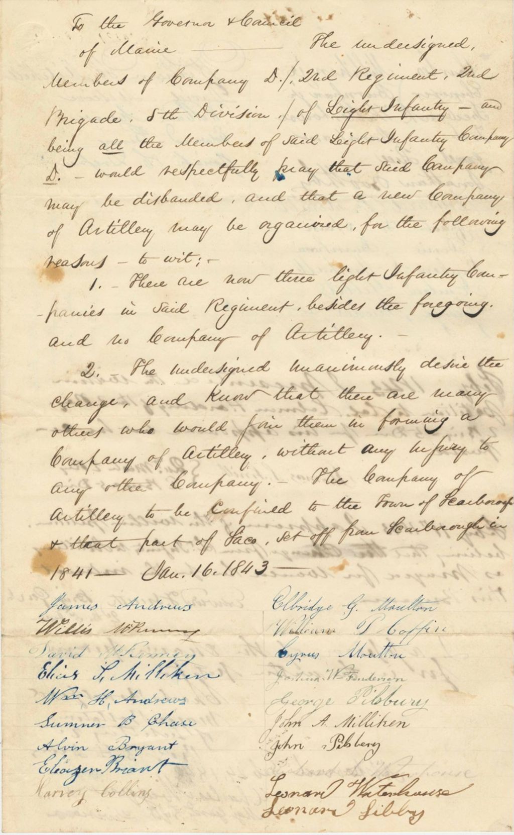 Miniature of Petition of James Andrews and others to Disband D Company 2nd Regiment, 2nd Brigade, 5th Division to create a new Company of Artillery