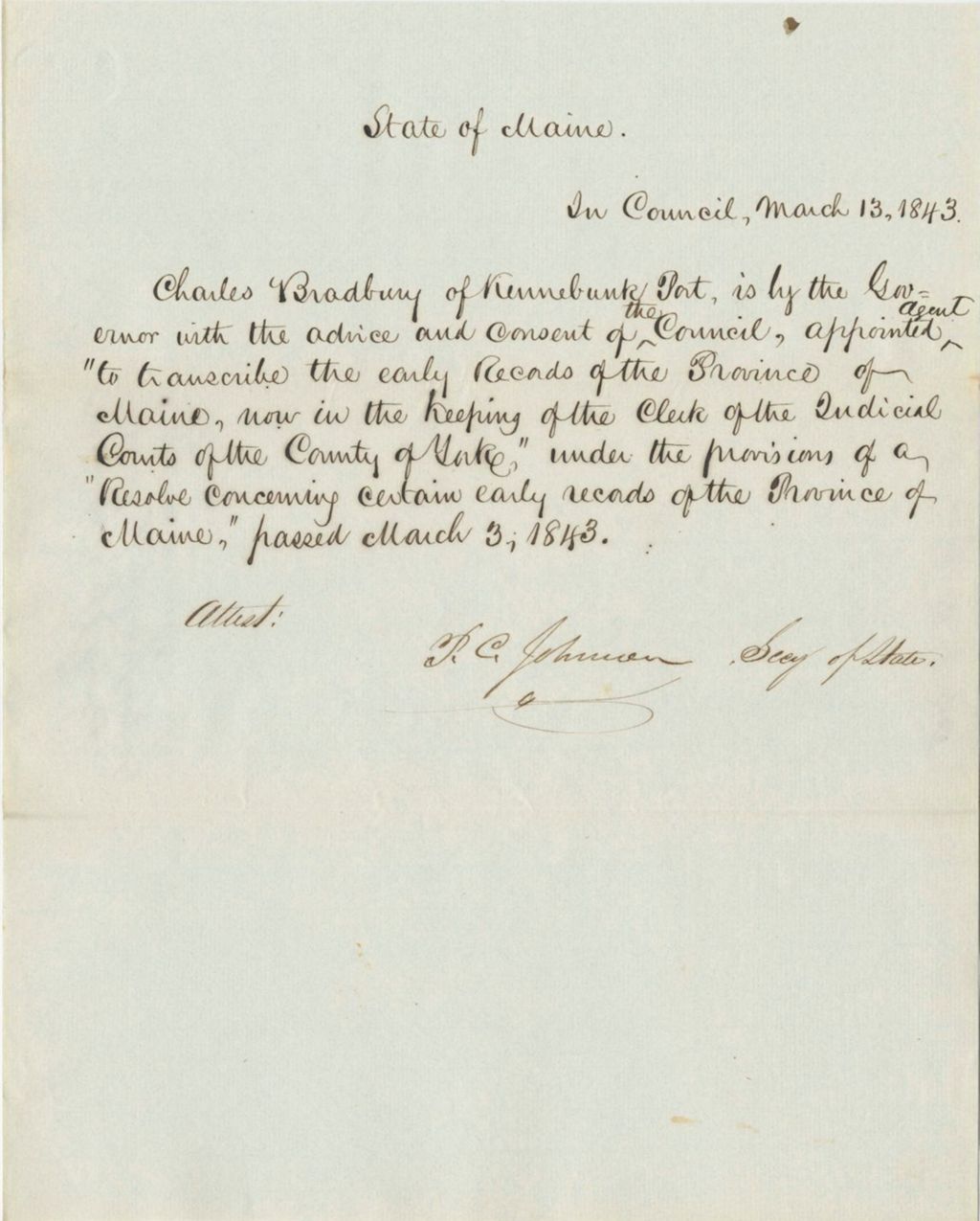 Miniature of Report 64: Report - Appointment of Charles Bradbury of Kennebunkport, Agent to Transcribe the Early Records of the Province of Maine