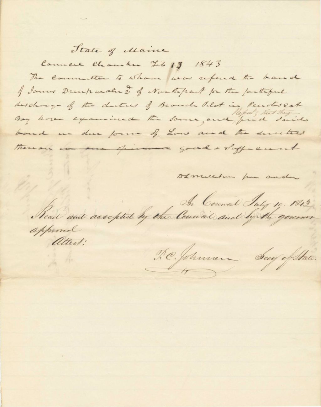 Miniature of Report 63: Report on the Bond of James Drinkwater the 2nd of Northport, for Duties of Branch Pilot in Penobscot Bay