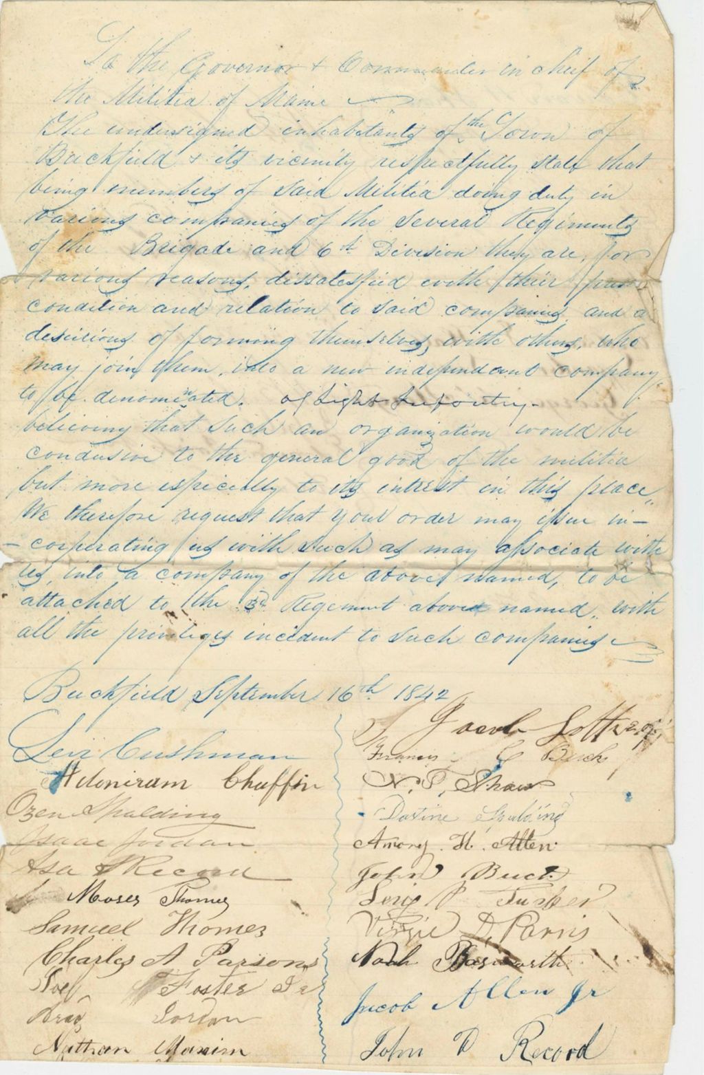 Miniature of Petition of Senator Cushman and 56 others of the first Brigade, 6th Division