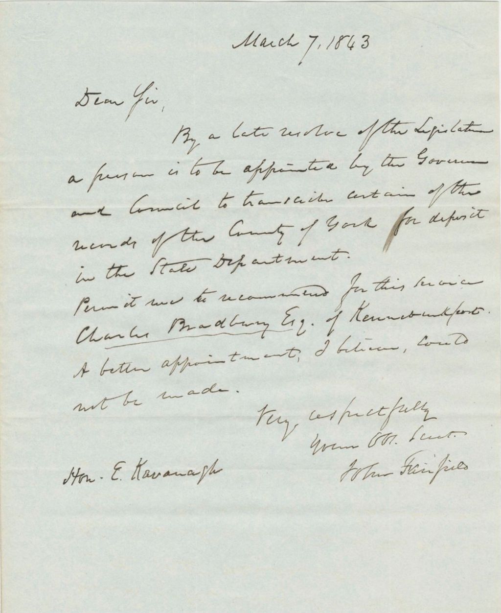 Miniature of Communication of reccomendation for Charles Bradbury to Edward Kavanagh