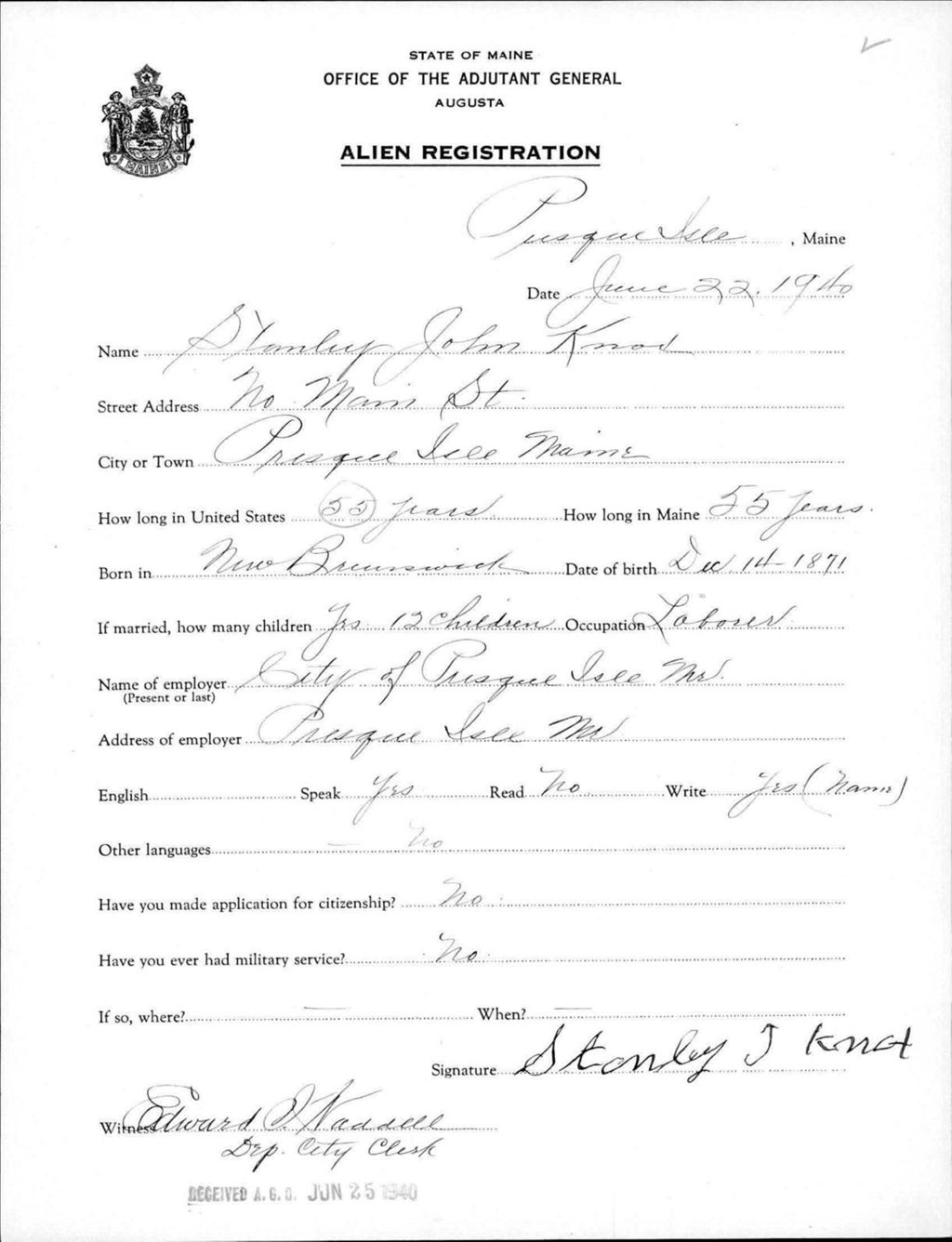 Miniature of Alien Registration- Knox, Stanley J. (Presque Isle, Aroostook County)