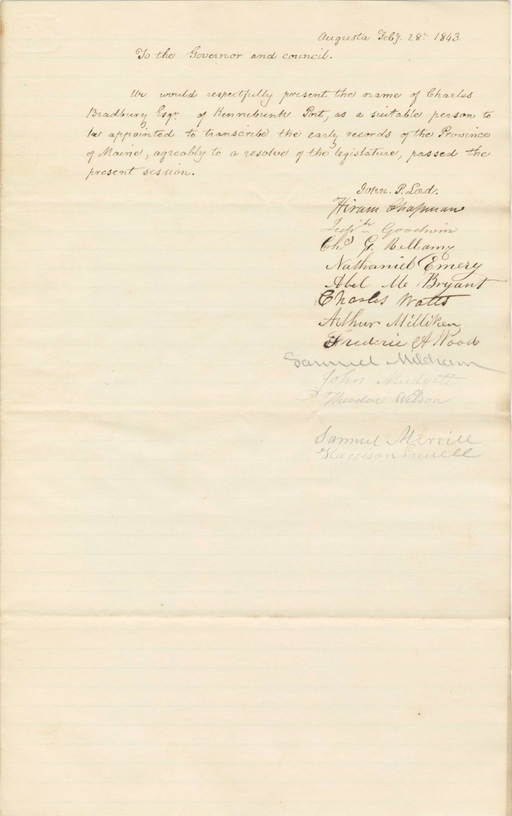 Miniature of Recommendation of Charles Bradbury to transcribe the Early Records of the Province of Maine from John P. Lord and others