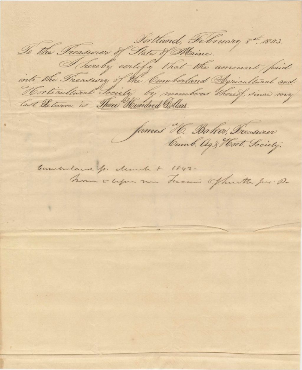 Miniature of Certicate of James H. Baker, L. of Cumberland Agricultural and Horticultural Society
