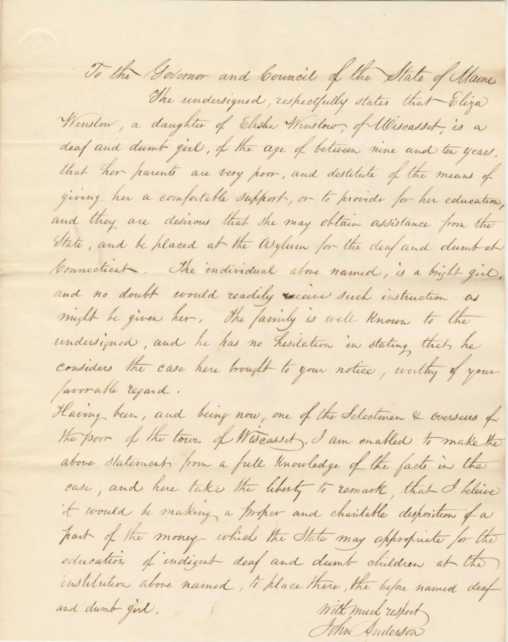 Miniature of Petition of John Anderson in Favor of Eliza Winslow