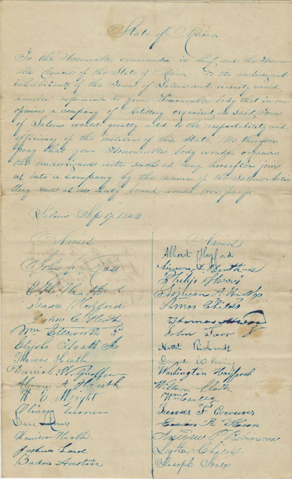 Miniature of Petition of John F. [Ralph] for a Company of Artillery in Salem