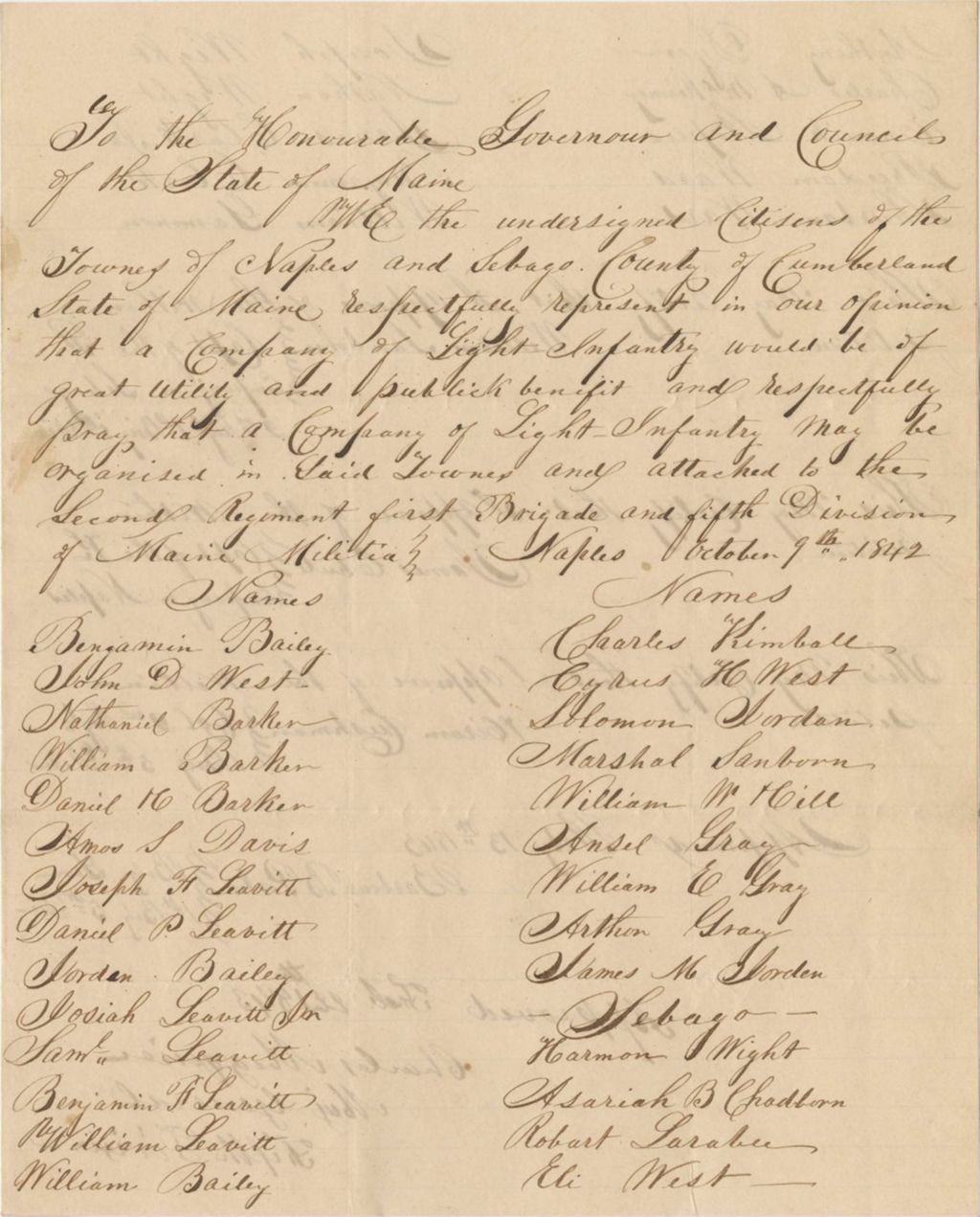 Miniature of Petition of Benjamin Bailey and Others to Create a Company of Light Artillery
