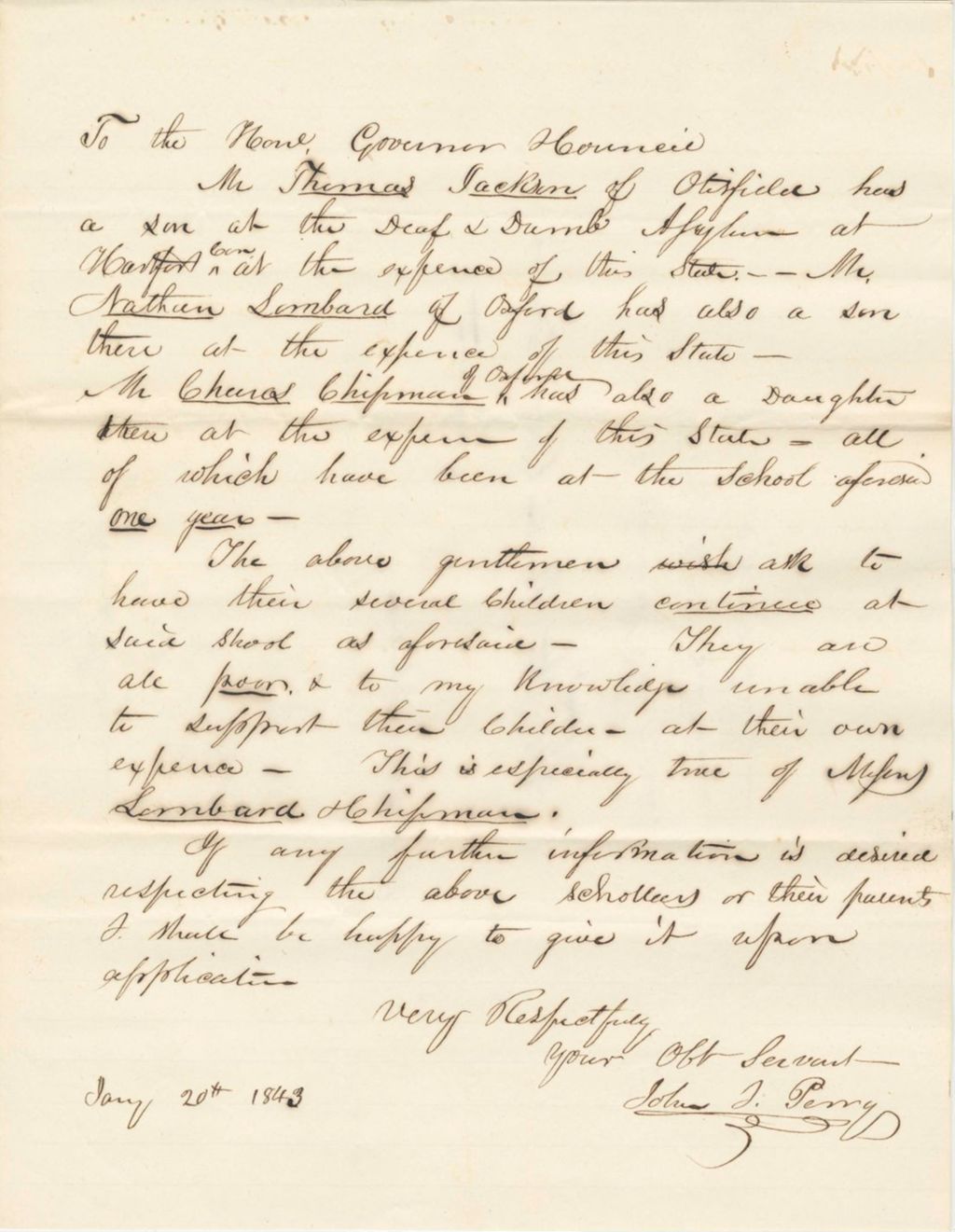 Miniature of John J. Perry Requesting that the son's of Thomas Jackson and Nathan Lombard continue their education
