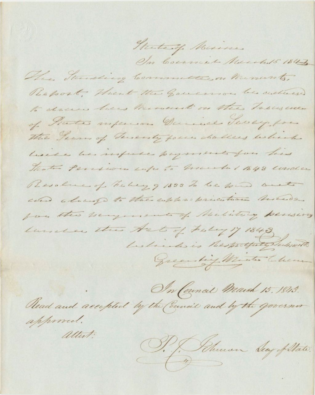 Miniature of Report 68: Warrant in Favor of Daniel Seavey for His Military Pension