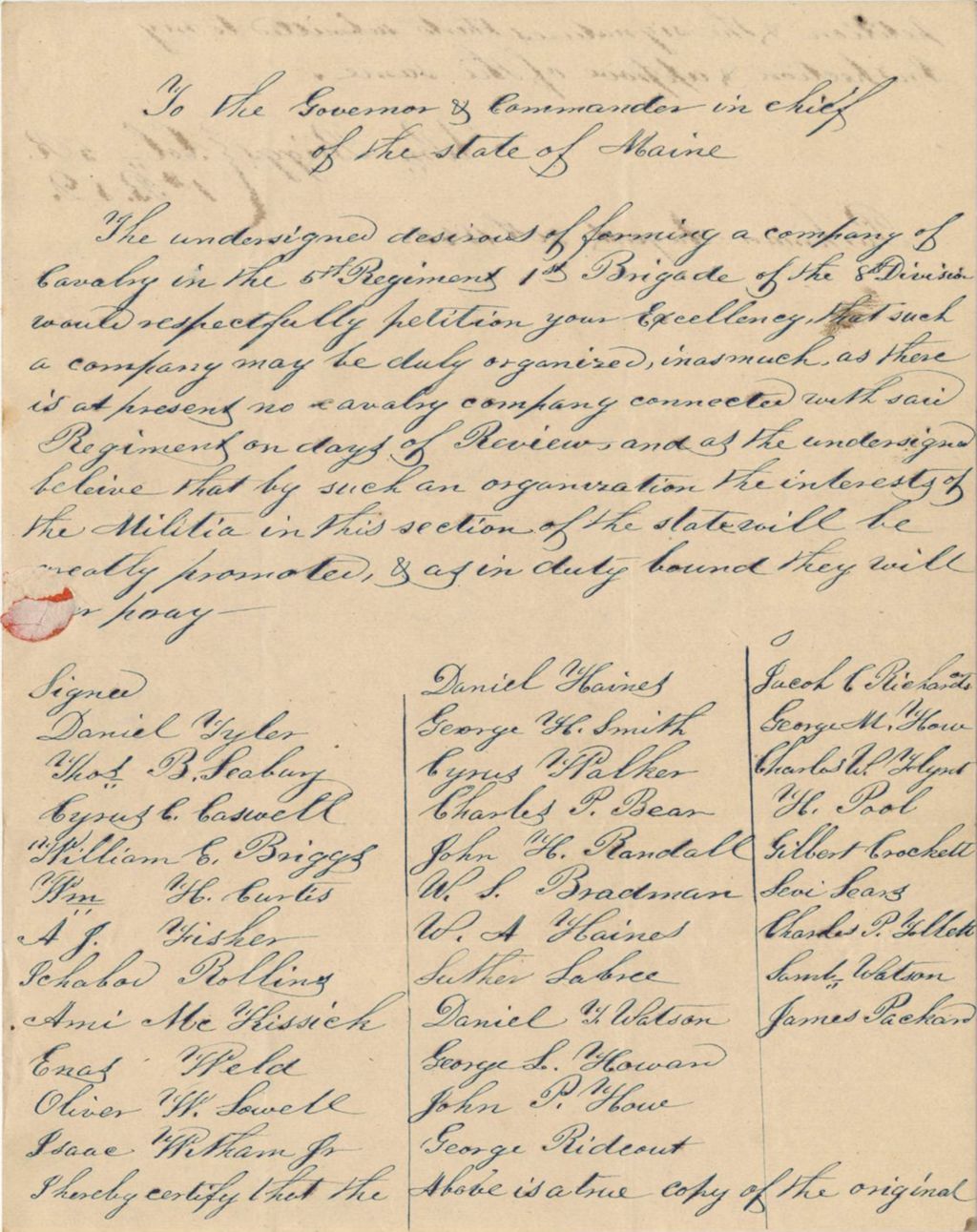 Miniature of Petition from Daniel Tyler and others for a Cavalry Company in Parkman