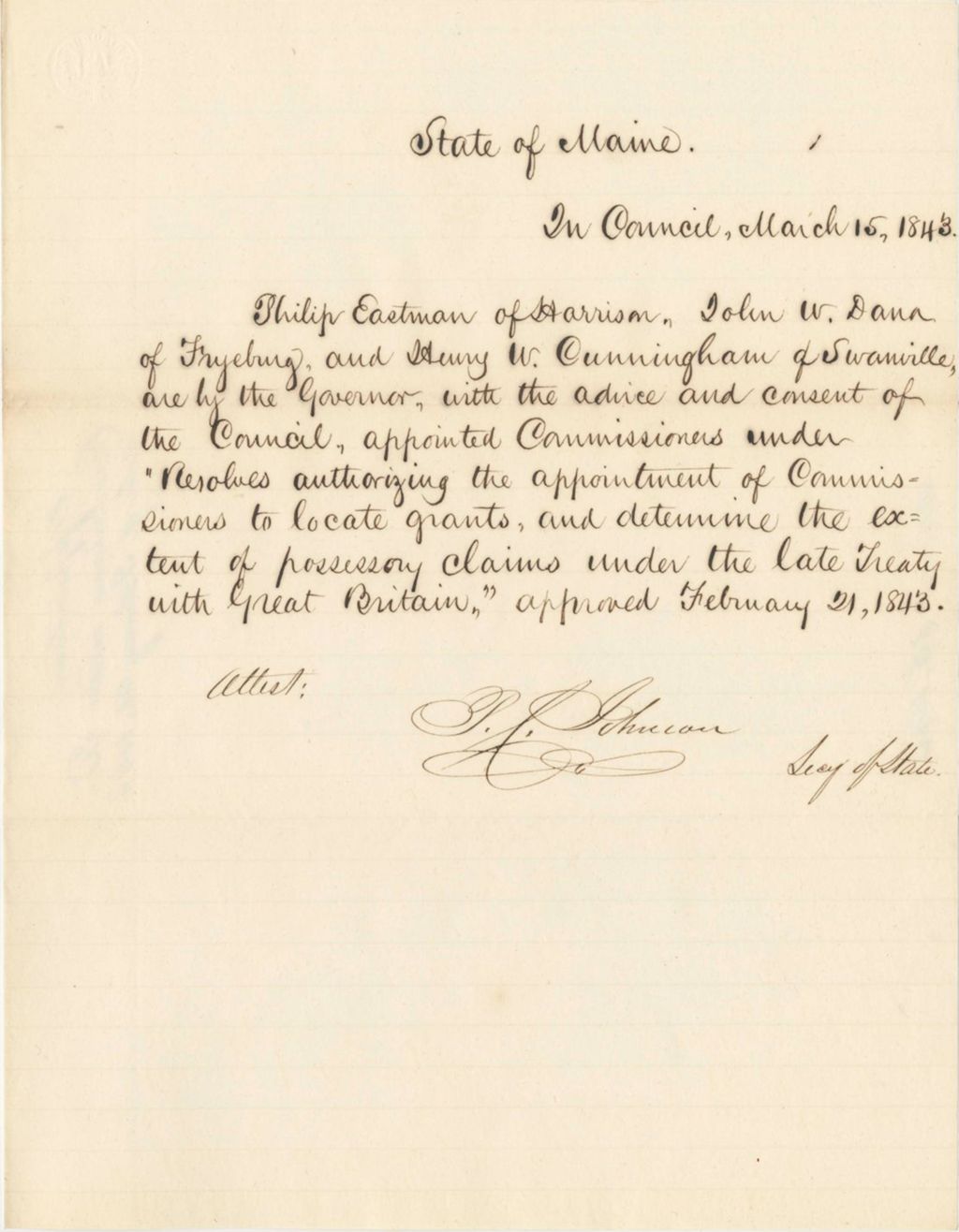 Miniature of Report 69: Report - Appointment of Philip Eastman, John W. Dang, and Henry W. Cunningham, as Commissioners to Locate Grants and Claims With Great Britain
