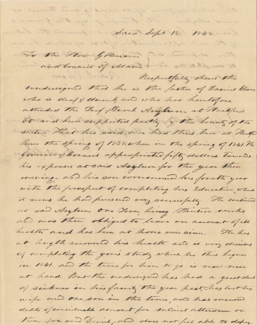 Miniature of Petition of Robert Cleaves and Daniel Cleaves for his son who attends the School for the Deaf and Dumb