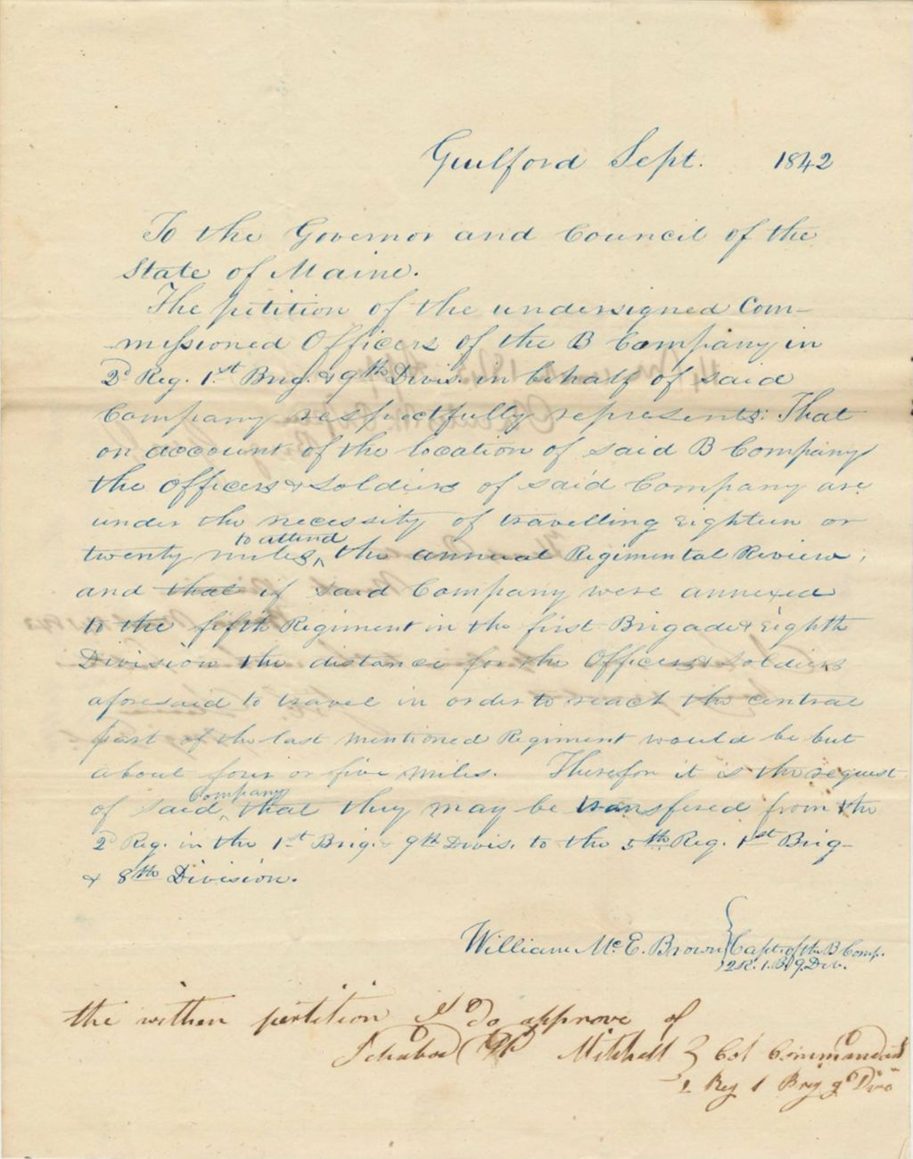 Miniature of Petition of Capt. William Mc. E. Brown to have the 2nd Regiment, 1st Brigade, 9th Division to the 5th Regiment, 1st Brigade, 8th Division