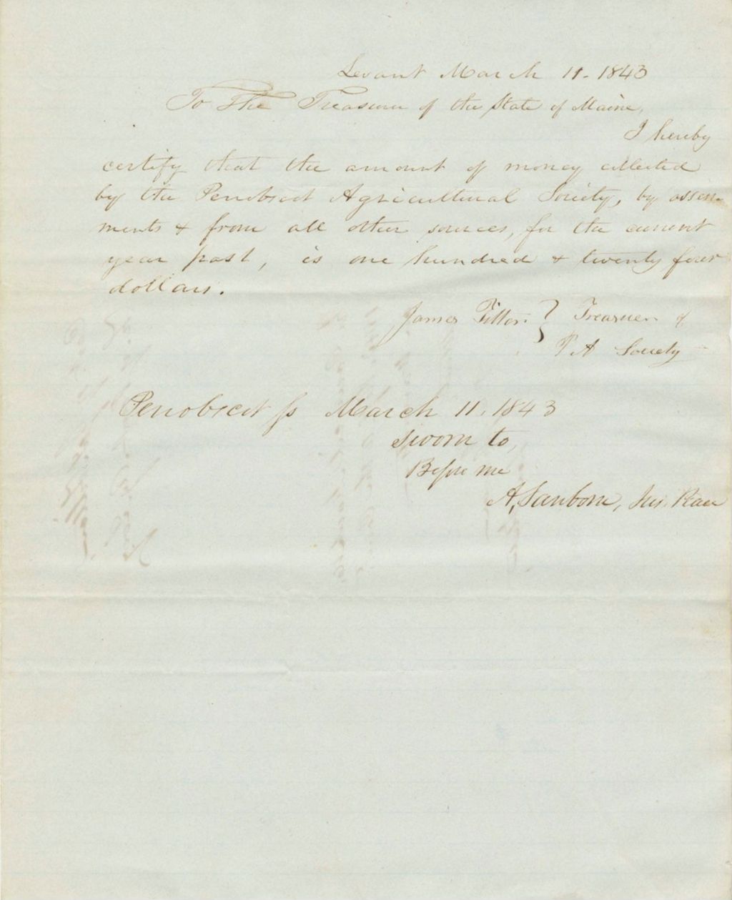 Miniature of Certificate of James Tilton, Treasurer of the Penobscot Agricultural Society