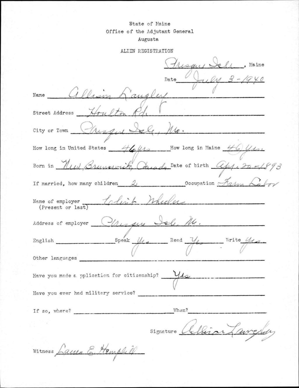 Miniature of Alien Registration- Langley, Allison (Presque Isle, Aroostook County)