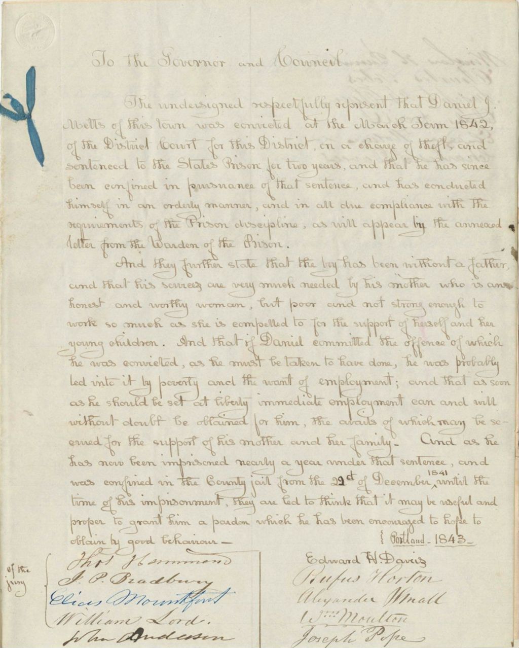 Miniature of Petition of Thomas Hammond and others for the Pardon of Daniel Metts
