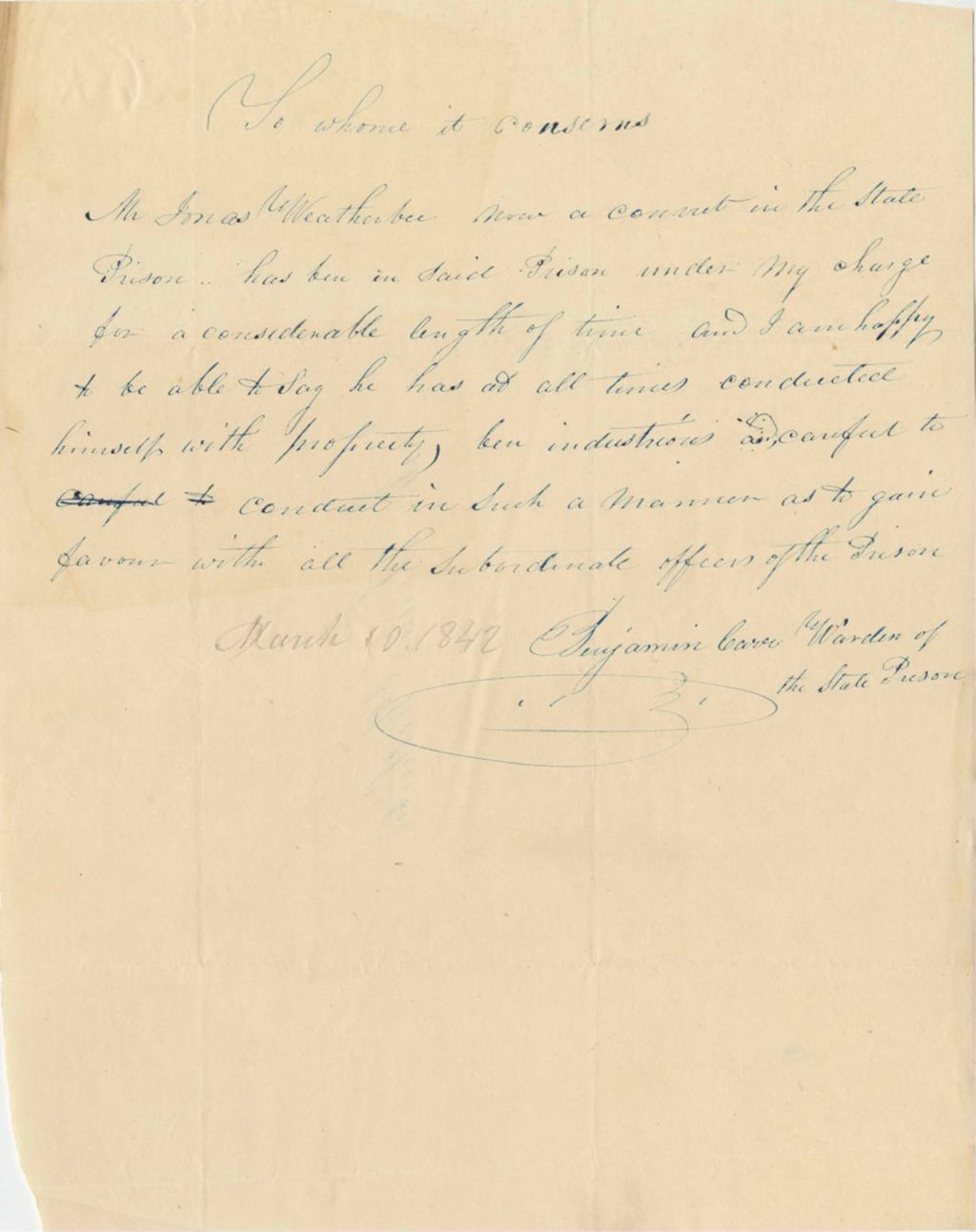 Miniature of Certification of Jonas K. Weatherby's Character while Incarcerated from Benjamin Carr, Warden of the State Prison