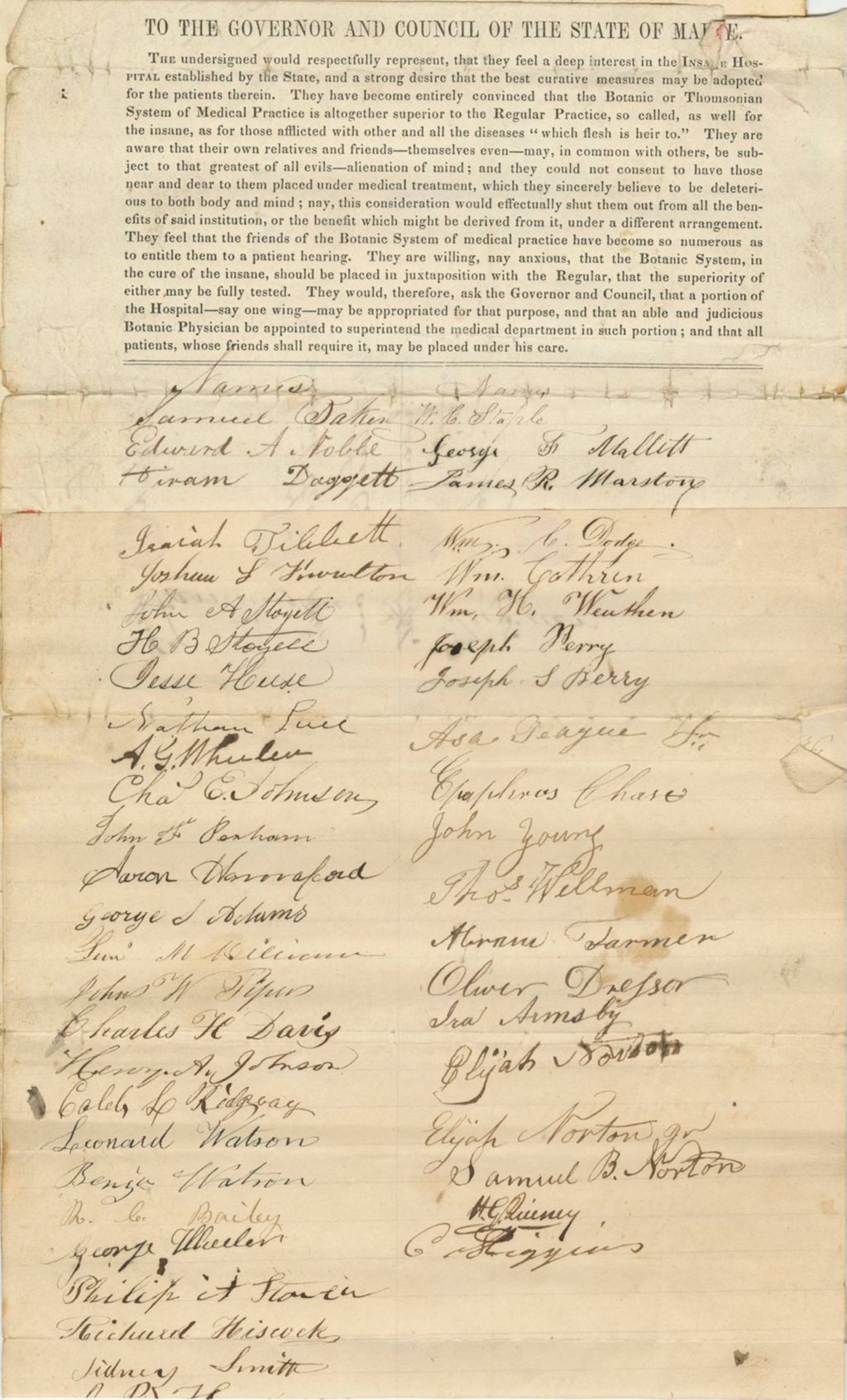 Miniature of Petition of Samuel Baker and others for the Appointment of a Botanic Physician at the Insane Hospital