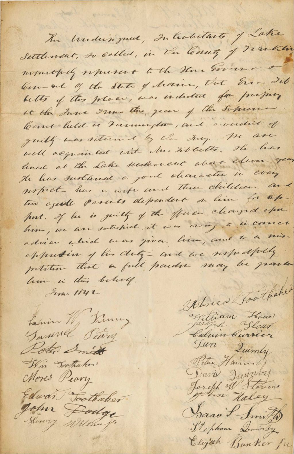 Miniature of Petition of Abner Toothaker and Others for the Pardon of Ezra Tibbets