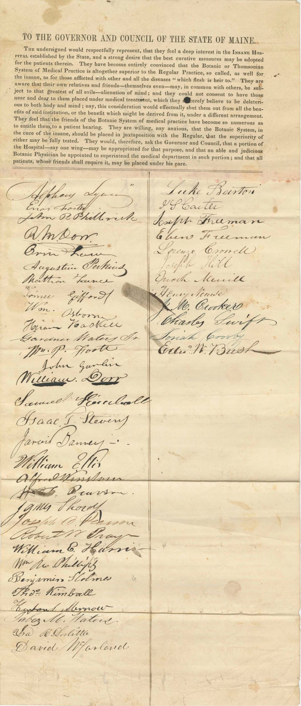 Miniature of Petition of Alphus Lyon and Others in Relation to the Insane Hospital