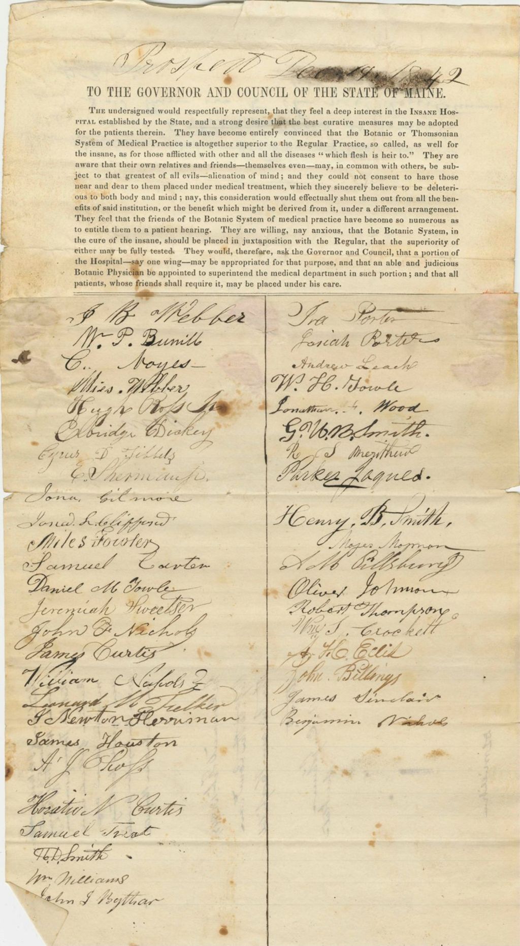 Miniature of Petition of J.B. Webber and 43 Others praying that the Thomsonian Practice of Medicine may be placed as an Expert Working within Regular Practices in the Insane Hospital