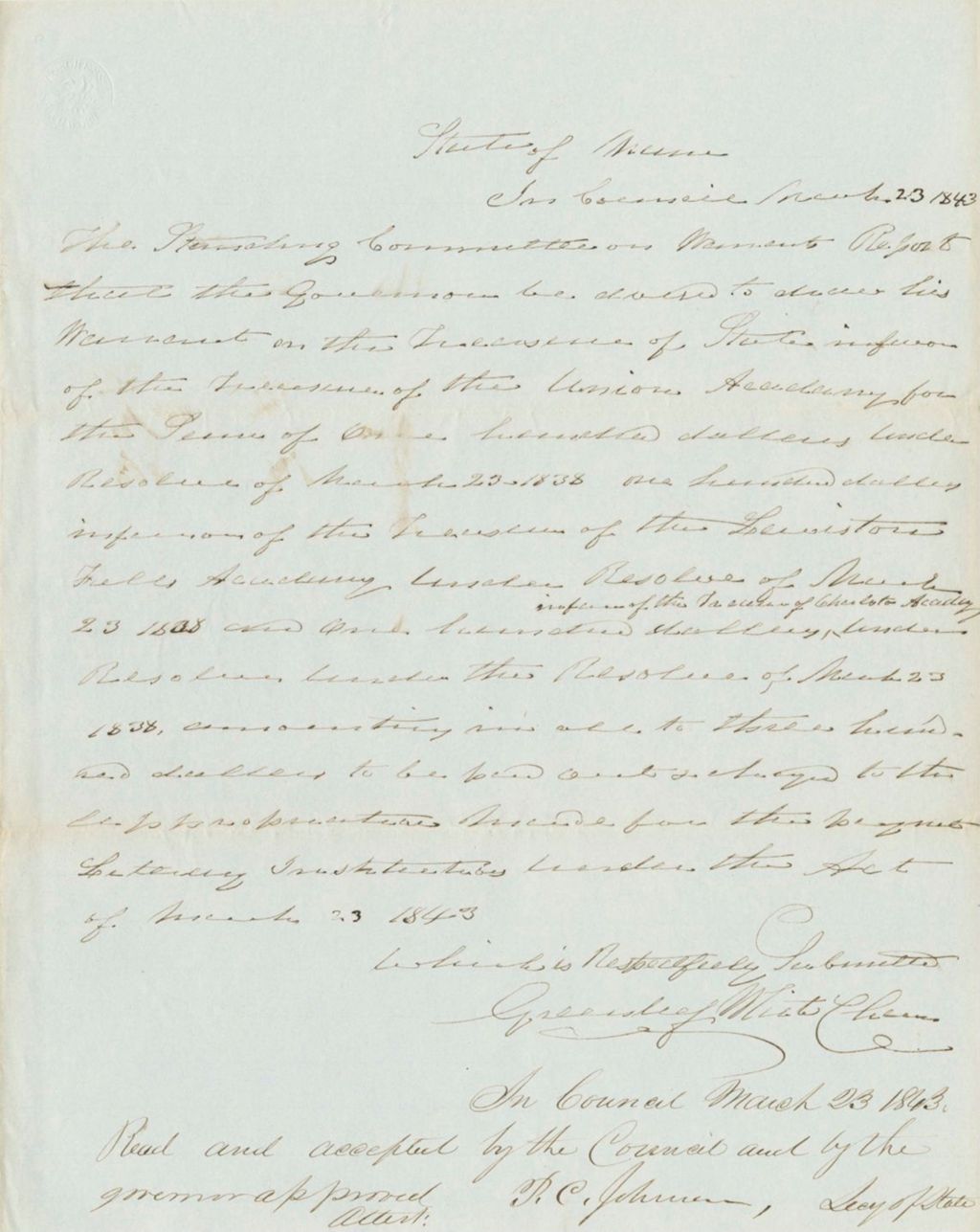 Miniature of Report 87: Report on the Warrants in Favor of the Trustees of Union Academy, Lewiston Falls Academy, and Charleston Academy