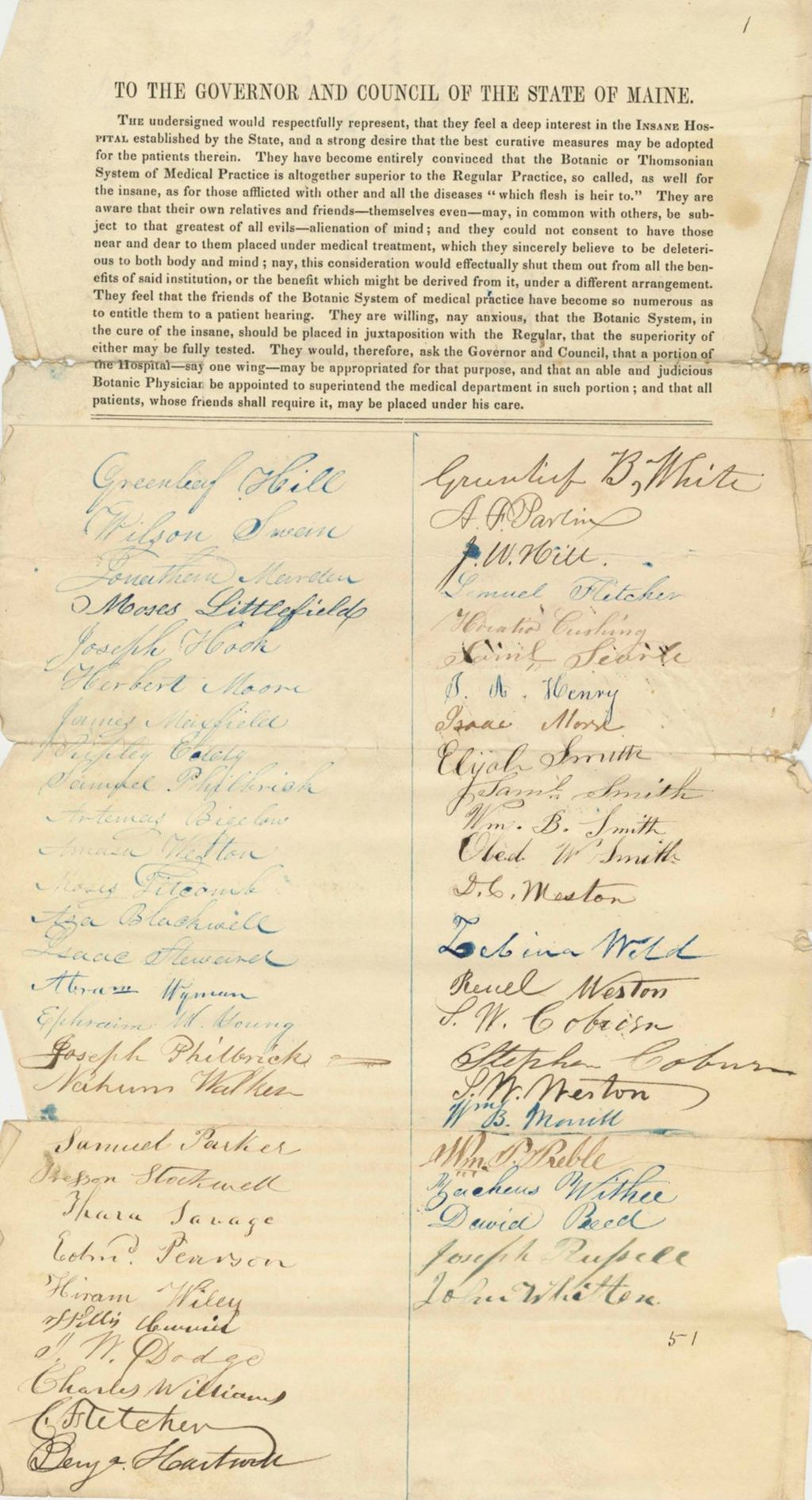Miniature of Petition of Greenleaf Hill and Others in Relation to the Insane Hospital