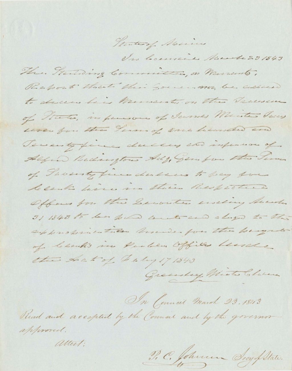 Miniature of Report 94: Report on the Warrants in Favor of James White, State Treasurer, and Alfred Redington, Adjutant General, for Clerk Hire