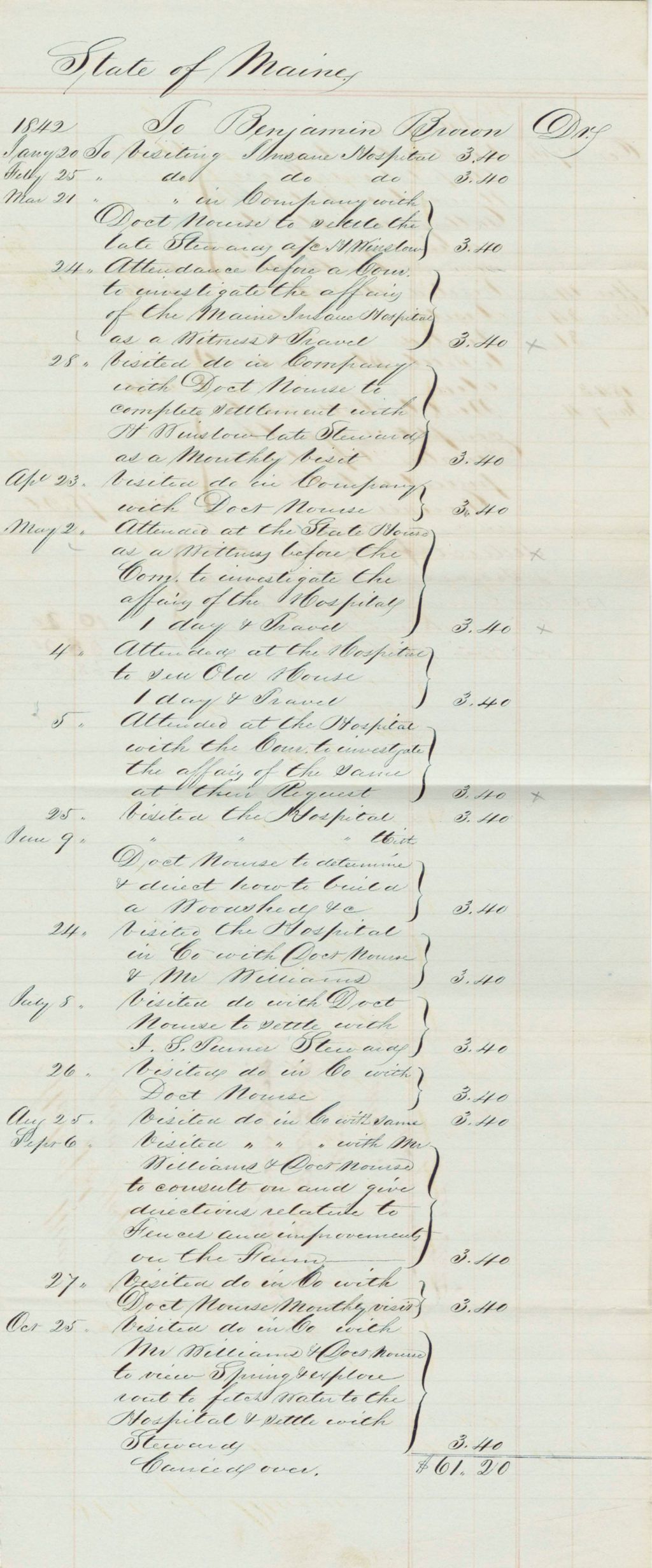 Miniature of State of Maine Account of Benjamin Brown for the Insane Hospital