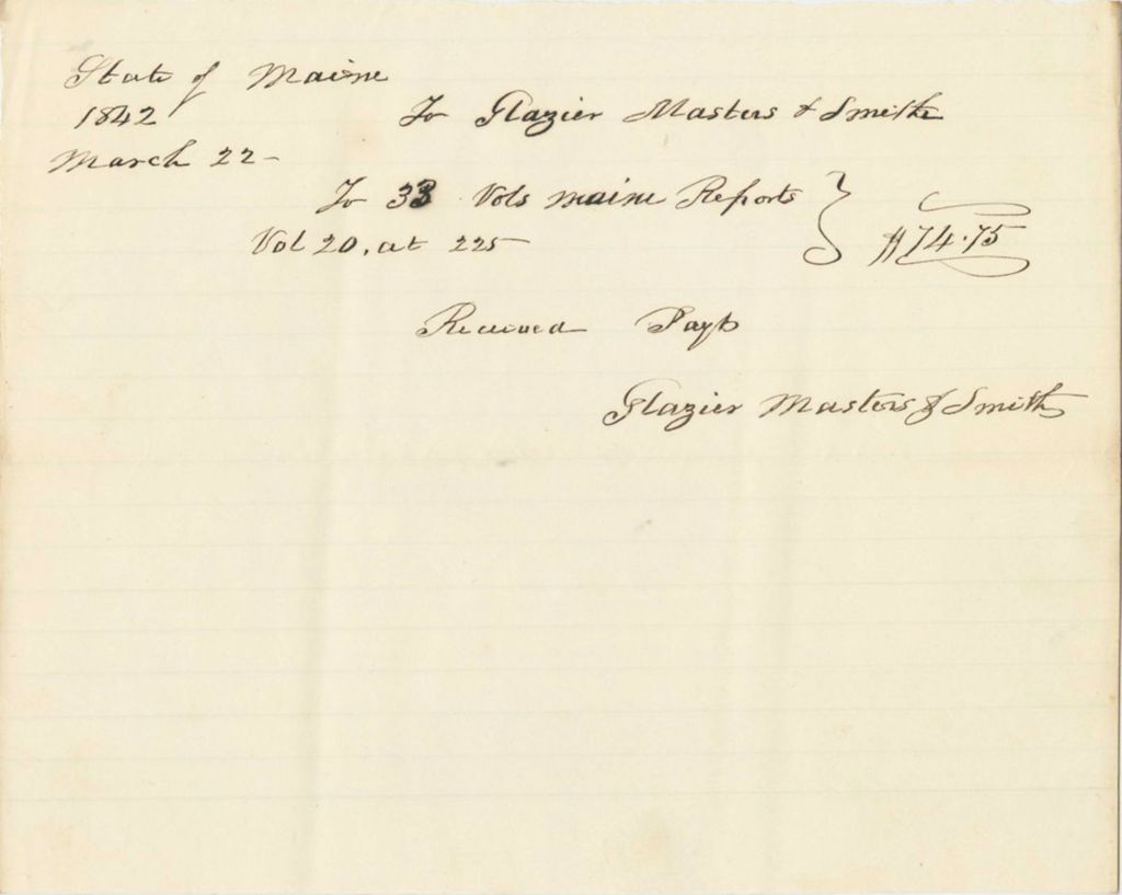 Miniature of Received Payment for Glazier, Masters, and Smith for Printing the Maine Reports