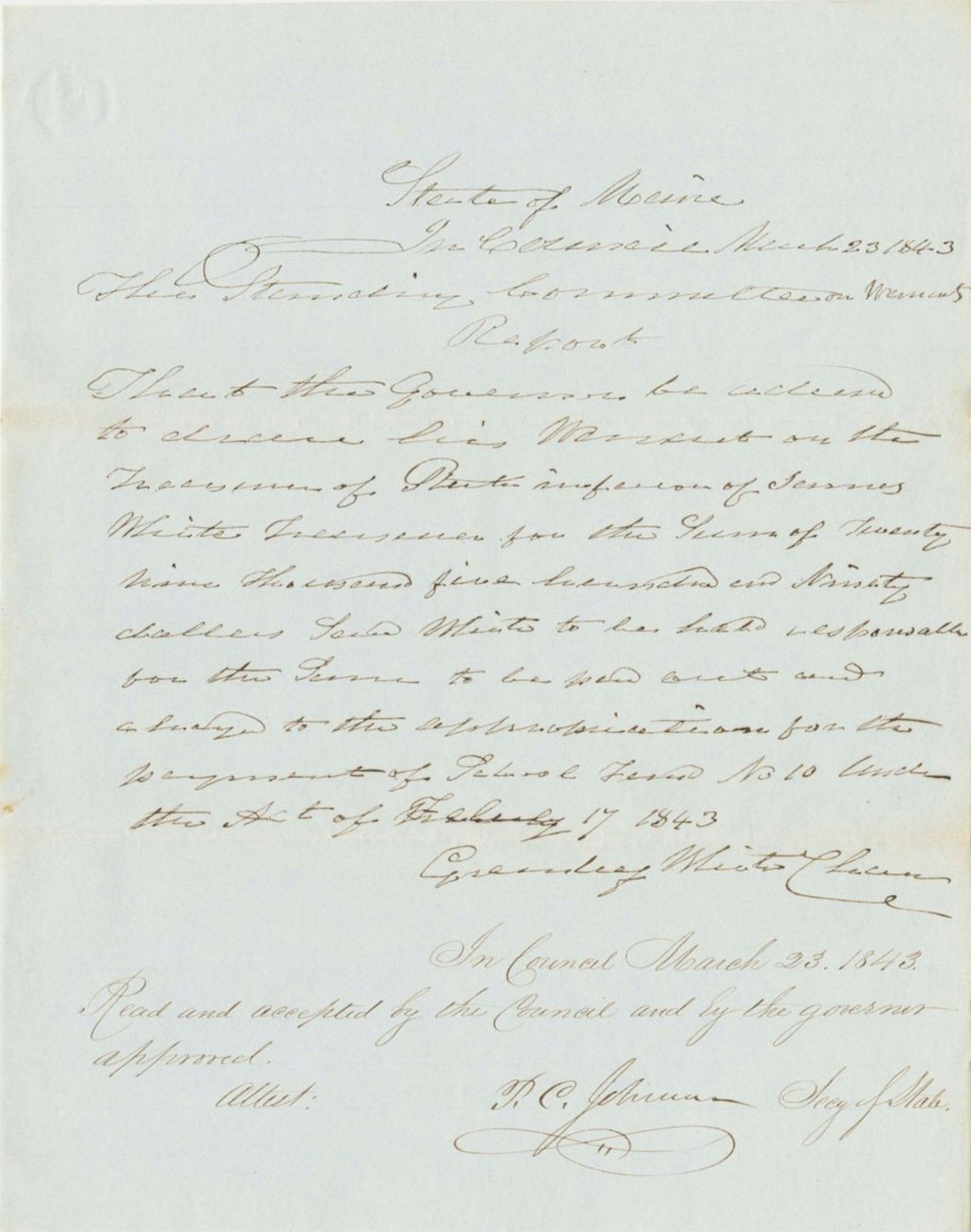 Miniature of Report 90: Report on the Warrant in Favor of James White, State Treasurer, for the School Fund
