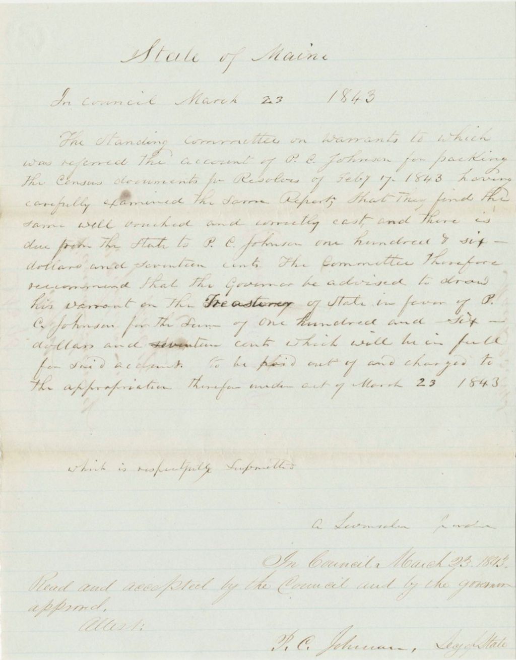 Miniature of Report 95: Report on the Warrant in Favor of P.C. Johnson for Packing the Census Documents