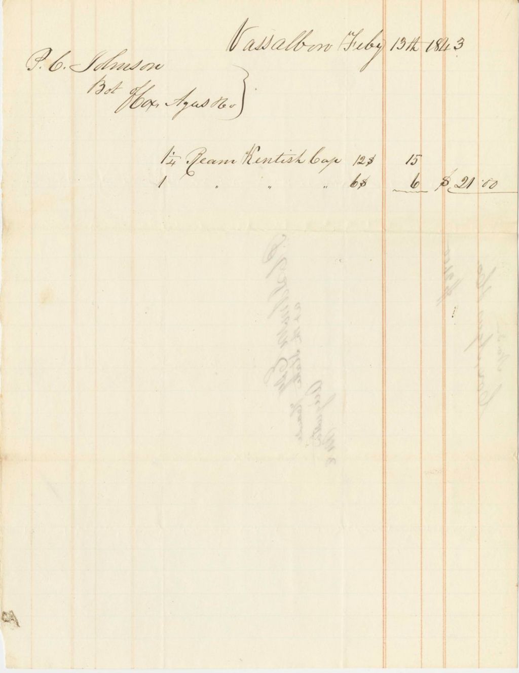 Miniature of Payment Due for Purchase of a Ream of Material Owed by P.C. Johnson