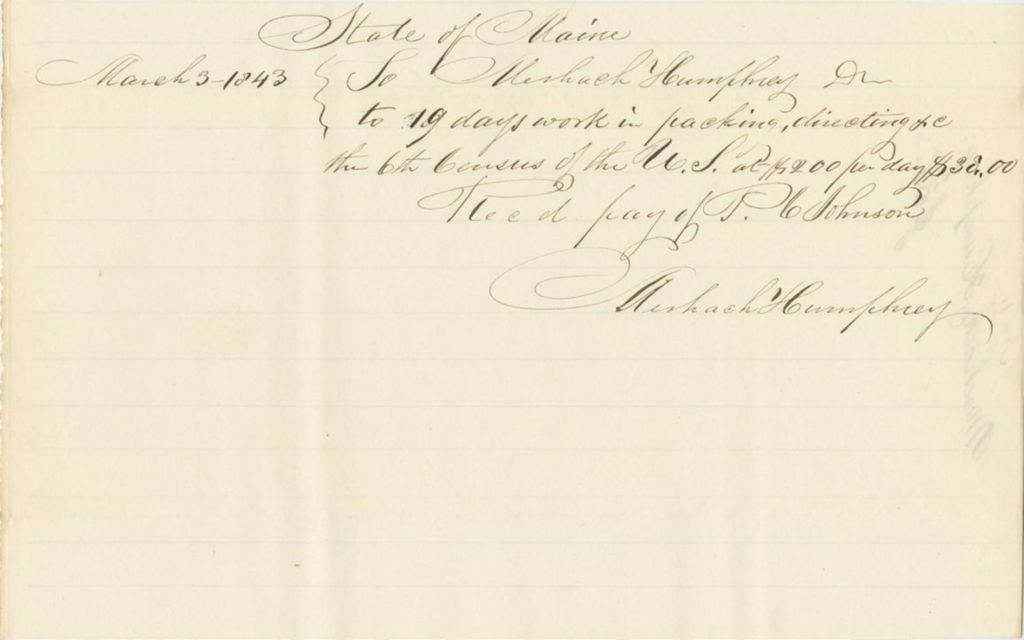 Miniature of Communication from Muschack Humphry Regarding the Payment of P.C. Johnson